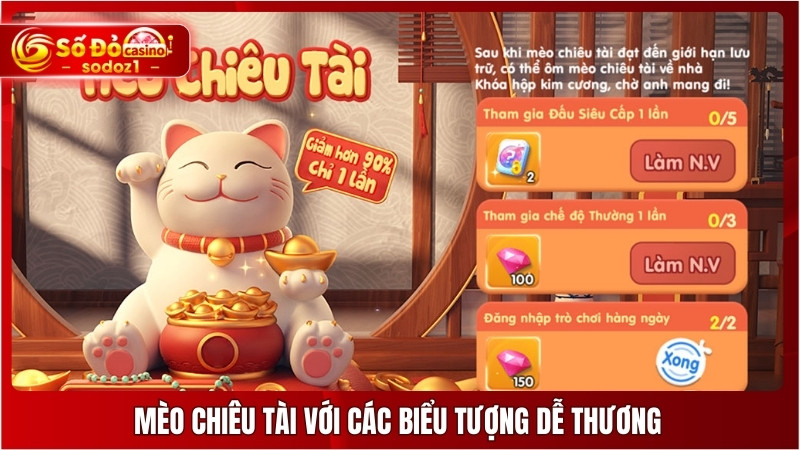 Mèo Chiêu Tài với các biểu tượng dễ thương